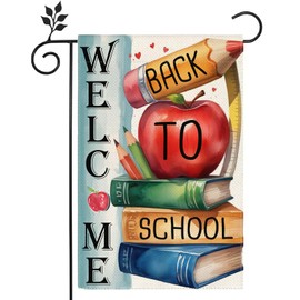 Welcome Back to School Pencil Book Garden Flag 12x18 Inch Double Sided Flag Seasonal Classroom Teacher Flag Outdoor Yard Decoration