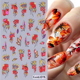 Fall Nail Art Stickers Decals Autumn Maple Leaf Nail Decals 4PCS 3D Laser Flower Squirrel Bird Fall Nail Design Manicure Supplies 5D Engraved Fall Sticker for Thanksgiving Day DIY Nail Art Decorations