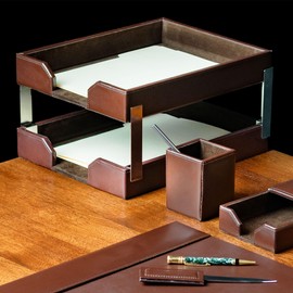 Dacasso Dark Brown Bonded Leather Front-Load Double Letter Tray Set w/Silver Stacking Posts - Luxury Executive Decor and Office Essential - Desk Surface Protector