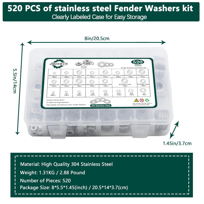 Fender Washers, 520 Pcs SAE + Metric 23 Sizes Flat