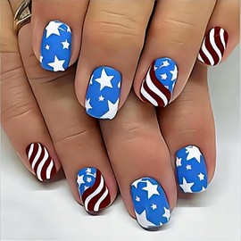 Rchovsam Independence Day Press on Nails Short Square Fake Nails USA Flag False Nails Glitter Stick on Nalis Colorful Pentagram Gel Nails Glossy Red Blue Press Ons for Womens 96pcs