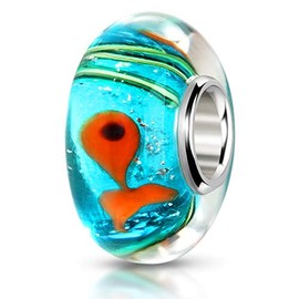 MATERIA Murano Glass Charm Beads Turquoise-Orange-Fish Sea 925 Silver Armband for European Beads#8000