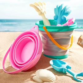 TLHWIN Robuste Strandspielzeug-Set，Sandspielzeug Set für Kinder, Faltbarer Silikon-Eimer mit Schaufeln und Muschelförmiger Sandform. (Blue)