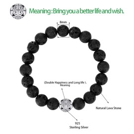 MetJakt Natural 8 mm Gemstones, Healing Crystal Stretch Beads Bracelet Bangle with 925 Sterling Silver Double Happiness Pendant, Sterling Silver, without stone