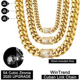 WinTrend Cuban Link Chain Necklace or Bracelet with Bling Bling Cubic Zirconia Iced-Out Clasp, Gold Jewelry for Men Boys, 18K Gold Stainless Steel Hip Hop Miami Curb Chains(10MM, 16'')