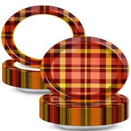 Lonfliness 50Pcs Fall Thanksgiving Plaid Plates Disposable Paper Red Orange Checkered Party Decorations Supplies 11 Inch Autumn Oval Plate Platter Dish Tray, Gingham Fall Harvest Tableware Dinnerware