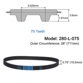 QUARKZMAN 280-L-075 L-timing belt, 28 inch outer circumference x 0.75 inch width x 0.18 inch height, 75 teeth closed loop rubber toothed belt