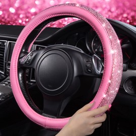 CAR PASS 11 PCS Bling Car Accessories Set for Women, Sparkly Rhinestone Diamond Steering Wheel Cover, Bling Seat Belt Cushion, Shift Knob Cover, Push Start Button Ring, Car Cup Holder Coaster, Pink