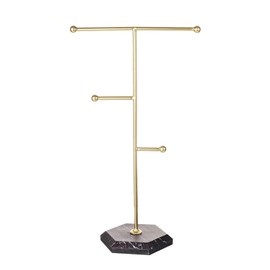 Qaeoity Jewelry Organizer Marble Necklace Stand T-Bar Plated Metal Tabletop Jewelry Organizer Tower for Bracelets, Necklaces and Earrings(Gold)