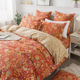 FADFAY Paisley Duvet Cover Set Twin Bohemian Damask Paisley Bedding Luxurious Orange Boho Paisley Comforter Cover Set 100% Cotton Ultra Soft Quilt Cover with Hidden Zipper Closure 3 Pieces, Twin Size
