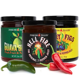 Jenkins Jellies Hot Pepper Jelly Trio - Hellfire, Guava, & Fig - Sweet & Spicy Jalapeno Jelly - Gluten Free, Vegan Pepper Jam - Use as a Glaze or Dipping Sauce - All Natural & USA Made - 3 x 11 Oz