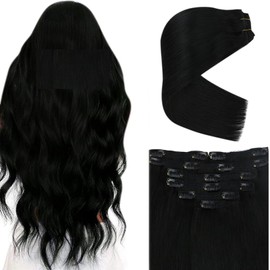 Ve Sunny Black Human Hair Extensions Clip ins 24inch Jet Black Hair Extensions Clip in Silky Straight Human Clip in Hair Extensions Black Women Long Hair Extensions Double Weft 7pcs 120g