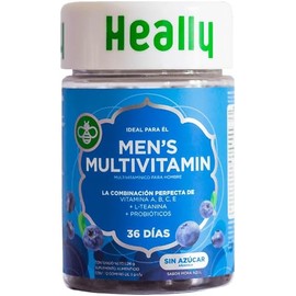 Multivitamínico Heally para Hombre, 72 Gomitas, Sabor Mora Azul, Con Omega-3, Vitaminas A, B, C y E, L-Teanina y Probióticos | 100% Natural, Sin Azúcar y Sin Gluten | 36 días de duración