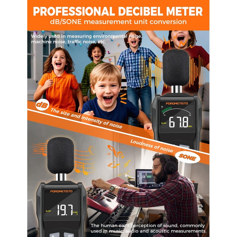 Decibel Meter, POROMETISTO SL01 Digital Sound Level Meter, 30-130dB SPL