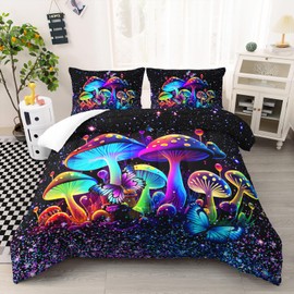 Ntlfup Kids Mushroom Comforter Set, Colorful Sparkle Natural Wild Fungus Bedding Set for Kids Boys Girls, Botanical Plants Duvet Set Butterfly Comforter with 2 Pillowcases Twin Size