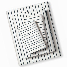 MakeMake Organics Organic Sheets Twin (4 Piece) GOTS Certified Organic Cotton Twin Sheet Set Neutral Dreamy Soft Fitted Sheet, Flat Sheet 2 Pillowcases Teens Navy (Twin, Blue Stripes)