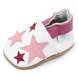 Dotty Fish Acogedores y Suaves Zapatos de Cuero para bebé con Suela de Gamuza Diseño: Blanco con Estrellas Rosa Niña 0-6 a 18-24 Meses