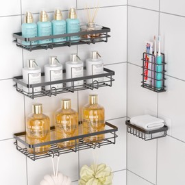 Hocookeper Shower Shelf No Drilling Bathroom Organiser, Pack of 5 Bathroom Shelves, Shower Shelf Corner with Hooks, Stainless Steel Shower Shelf for Bathroom and Kitchen