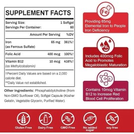Sapotax Liposomal Fe Iron Supplement with Folic Acid & Vitamin B12 60 Softgels(1 Bottle)
