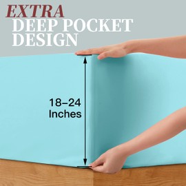 Manyshofu Cal King Extra Deep Pocket Fitted Sheet Only - 1800 Thread Count Hotel Deep Fitted Sheet Up to 24 Inches Mattress, Aqua Blue Deep Bottom Sheet 18-24 Inch Thick & Deep Cal King Fitted Sheet