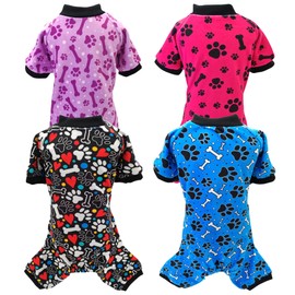 PET SHOW 4 Pack Small Dog Pajamas Paw Bone Patterns Cute Clothes for Medium Dogs Soft Stretchy PJs 4 Legged Jumpsuit Puppy Cats Onesies Outfits with Sleeve Dachshund Doggies Girl Boy (Medium)