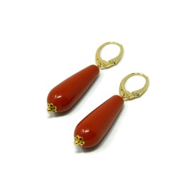 Ohrringe mit einem Tropfen Sardegna roter Korallenpaste und einer kleinen goldenen Blume, Verschluss aus vergoldetem Silber