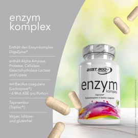 Best Body Nutrition Enzym Komplex - 90 Kapseln - Verdauungsenzyme - vegan - inkl. Alpha Amylase, Lipase, Protease, Laktase