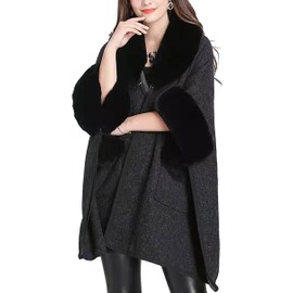 Iristide Women Poncho with Pocket Warm Cashmere Cardigan Cape with Rabbit Fur (P-Black)