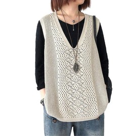Nestkanina KNT011 Women's Knit Vest, Thin, Loose, Large Size, Outerwear, V-Neck, Waistcoat Top, beige