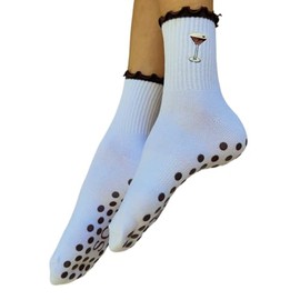 Non-Slip Pilates Socks with Grips for Women | Cute Grip Socks for Yoga Ballet Barefoot Workout | Design Anti Skid Athletic Socks | Set of 1 | Size 5-9 US Womens | Espresso Martini Quarter Fit Ruffles