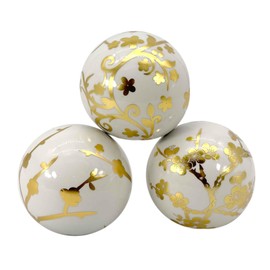 Galt International 4" Diameter Gold & White Floral Chinoiserie Ceramic Ball (Set of 3) | Decorative Ball Vase Bowl Filler
