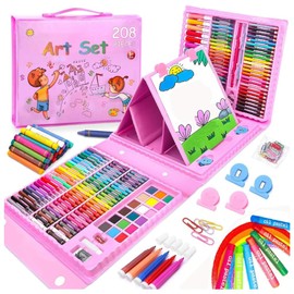 208-Piece Kids Art Kit, Non-Toxic Crayons, Markers, Paper, Pink Case