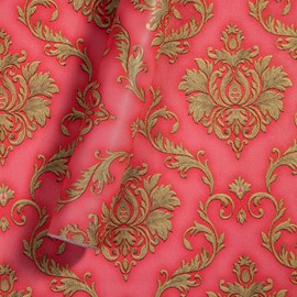 JZ·HOME Y9151 Luxury Damask Wallpaper Peel and Stick 17.7in x 9.8ft Red Self Adhesive Removable Contact Paper Damask Furniture Decor Paper Vinyl Film Home Decoration
