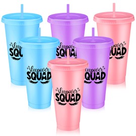 Reallnaive Sleepover Party Supplies for Girls Sleepover Squad Cups with Lids and Straws 24 oz Slumber Party Plastic Tumbler Coffee Cup for Birthdays Slumber Spa Parties Favors(Multicolor,6 Pcs)
