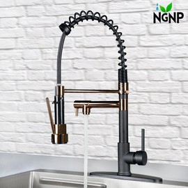 NGNP Kitchen faucet with pull-down spray, single handle double outlet commercial kitchen sink faucet, solid copper body, compatible with deck 1 or 3 holes sprayer black steel high arc Out - Colour: Rose gold black