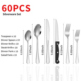 60-Piece Silverware Set with Steak Knives Stainless Steel Flatware Set for 8 Food Grade Tableware Cutlery Set Rust-proof, Mirror Polished, Dishwasher Safe