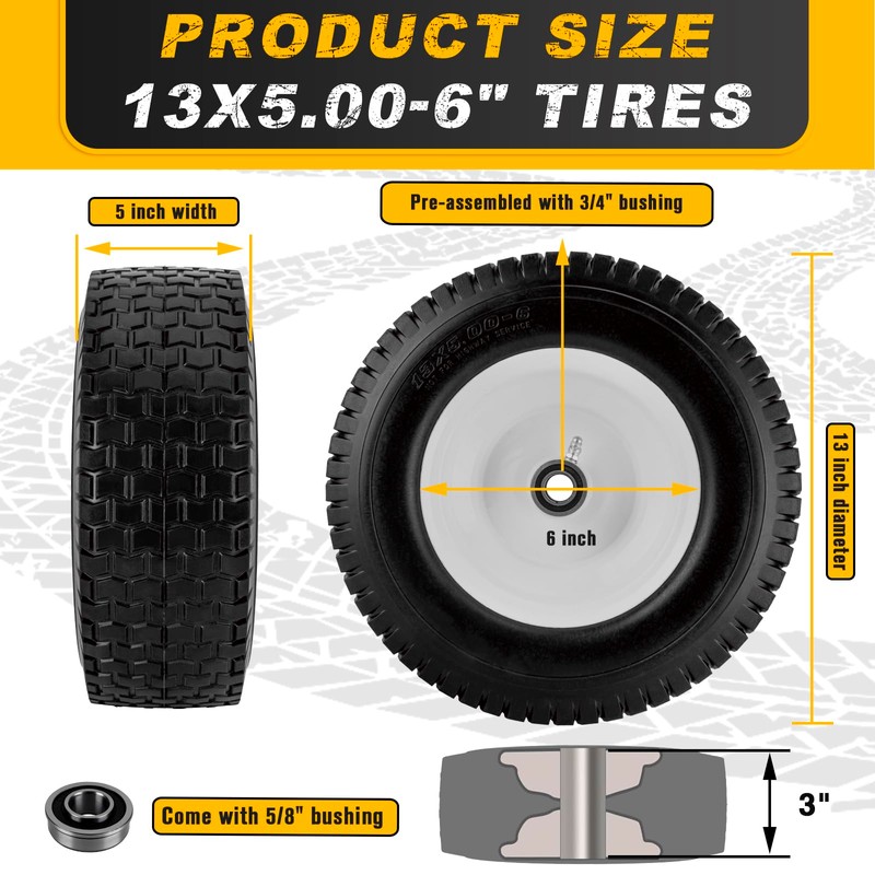 13x5.00-6 Flat Free Tire and Wheel with 3/4" & 5/8"
