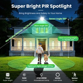 CLY 60 W LED Spotlight with Motion Sensor Outdoor 5200 LM Super Bright 6500 K Cool White LED Floodlight IP66 Waterproof Outdoor Spotlight Brightness Adjustable Headlight for Garden Garage Yard Sports Field Backyard