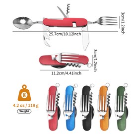 BUKYCAT Multifunktionales Klappgeschirr, 6 in 1 Camping Besteck Set, Outdoor Survival Reisebesteck, Klappbar Edelstahl Klappbesteck mit Aufbewahrungstasche für Camping und Wanderungen (6 in 1（Rot）)