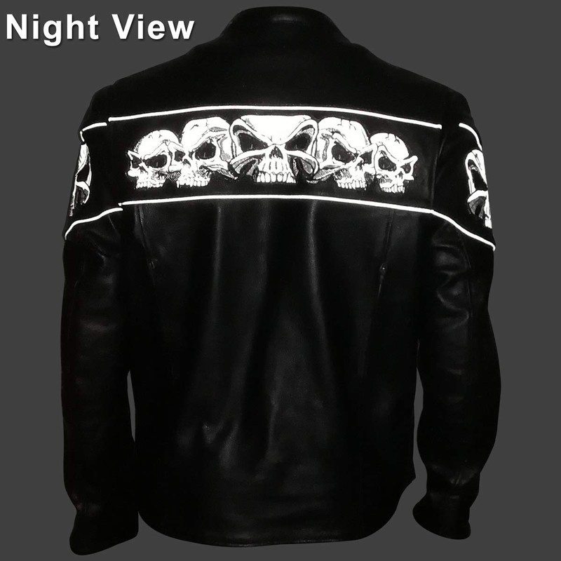 Premium Cowhide Leather Motorcycle Jacket With Reflective Skull (M)