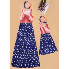 Askwind Mommy and Me Dresses Casual Floral Family Outfits Summer Matching Maxi Dress (Flag, L)