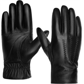 BISON DENIM Men's Leather Gloves, Warm Cashmere Lining, Windproof Gloves, Touchscreen Function, Pure Black