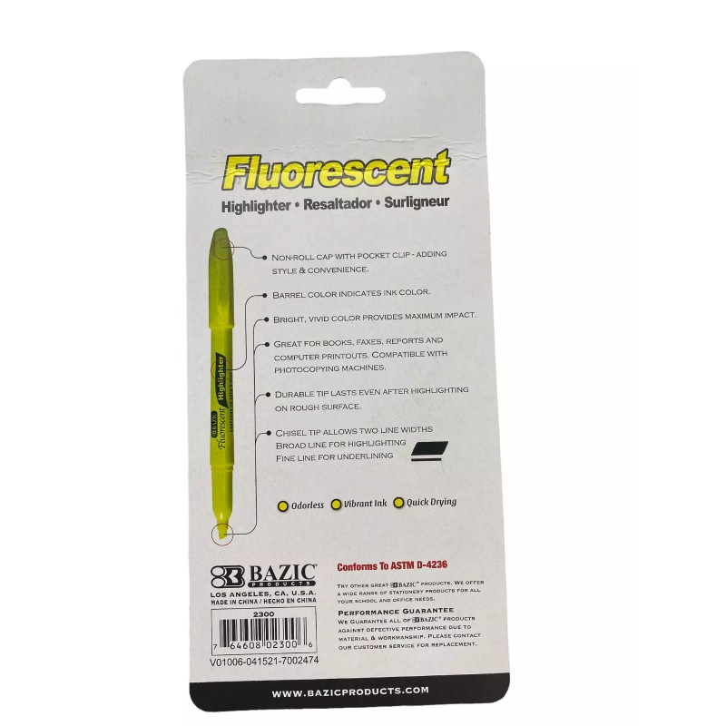 Bazic Fluorescent Highlighter resaltador surligneur Chisel Tip 5 pc