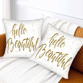 Orythyra Hello Beautiful Bling Pillow Covers 18 X 18 Gold Glitter Motivational Quote Set of 2 Pillow Cases Square Velvet Outdoor Throw Cushion Pillowcases Decorative for Home Bed Sofa Couch Hotel