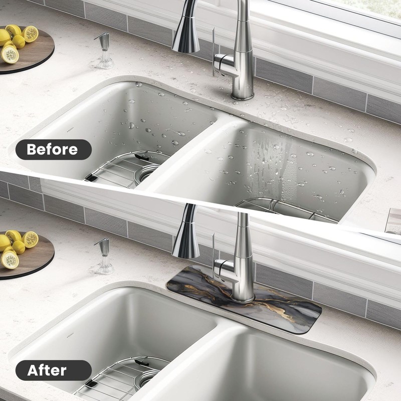 Faucet Draining Mat For Kitchen Sink, Black And Gold Marble