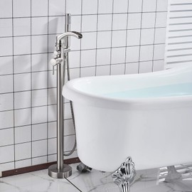 Senlesen Bathroom Single Handle Freestanding Bathtub Faucet Floor Mounted Waterfall Tub Filler with Hand Shower Set Brushed Nickel Finished