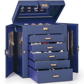 AKOZLIN 6-Tier Jewelry Box Organizer Functional 5 Drawers Leather Jewelry Storage Case for Women Girls Ring Necklace Earring Bracelet Holder Organizer with Mirror Blue