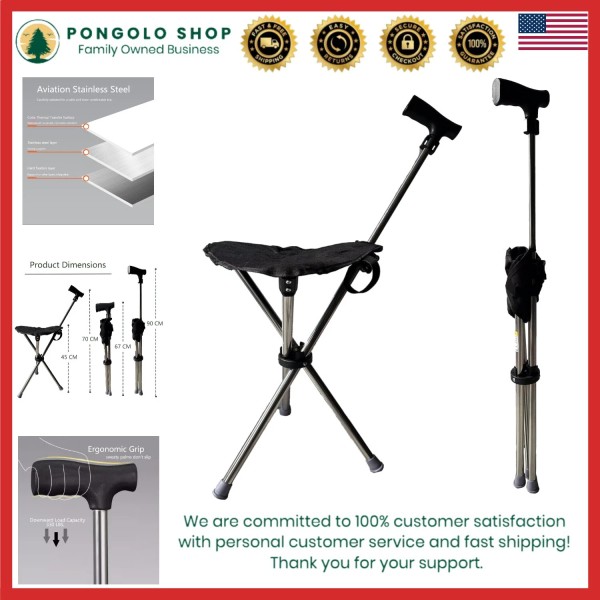 Unbranded Cane with Seat Aluminum Lightweight Portable Stool Chair Supports