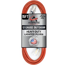15 ft - 12 Gauge Extension Cord Outdoor - Made in USA - Lighted on Both Ends - Red Outdoor Extension Cord Waterproof by Anthem Cable - Heavy Duty Extension Cord 15 ft 15 Amp Extension Cord