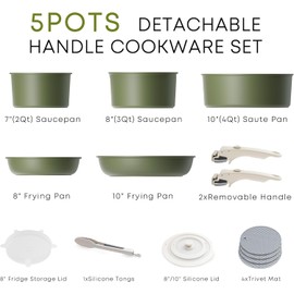 Caannasweis Detachable Nonstick Cookware Set - Stackable Induction Pots and Pans With Removable Handles, Dishwasher Safe - For RV Camping, Oven and Stovetop Use, 5 Pieces (Green)